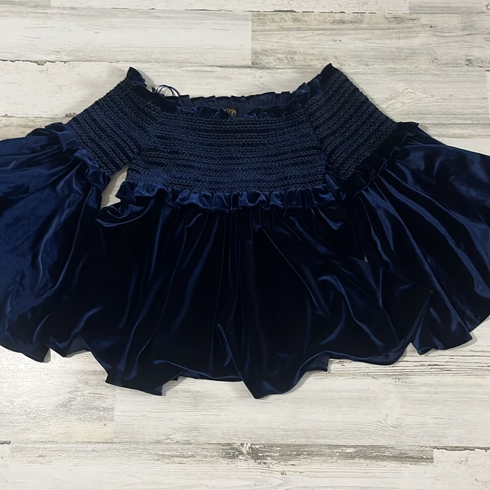 Petersyn Off The Shoulder Blue Velvet Top Size Medium - Picture 2 of 11